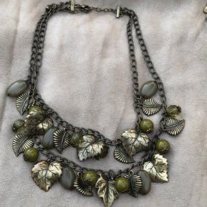 Antique gold necklace olive green bead accents